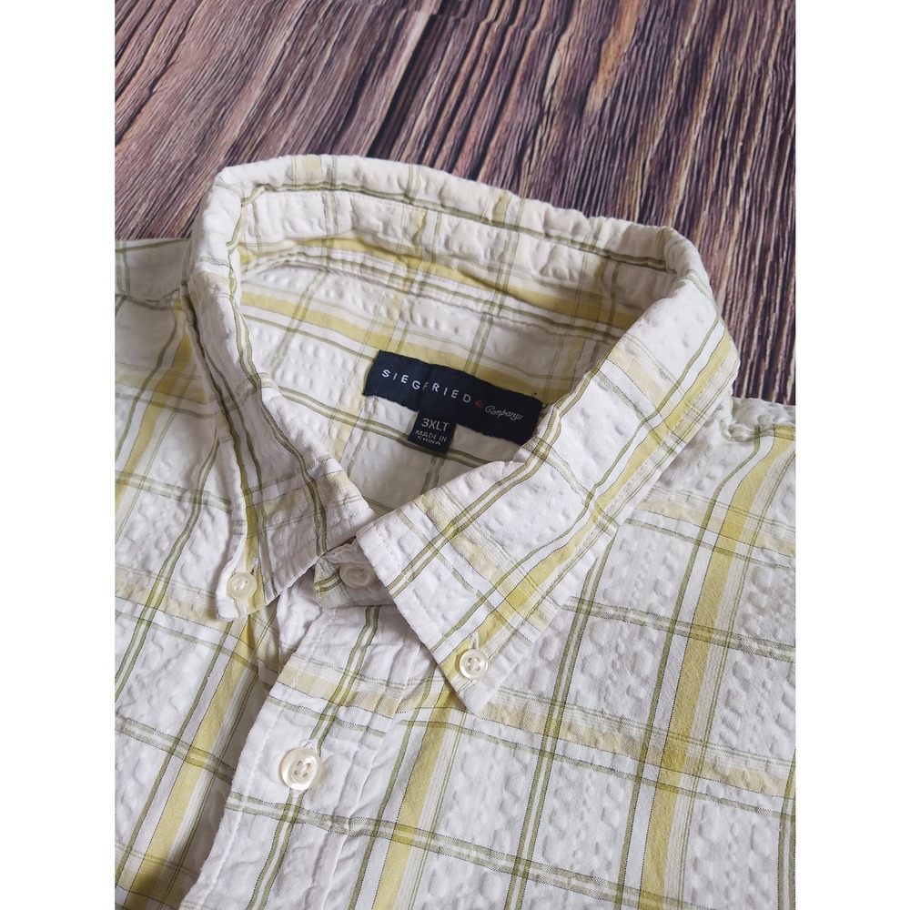 Siegfried & Co Short Sleeve Plaid Seersucker Yellow White 3XLT Tall‎